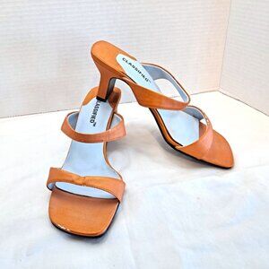 VINTAGE NEW~ SATIN SHIMMER ~ KITTEN SLIP ON STRAPPY SEXY MULES ~ ORANGE ~ SIZE 8